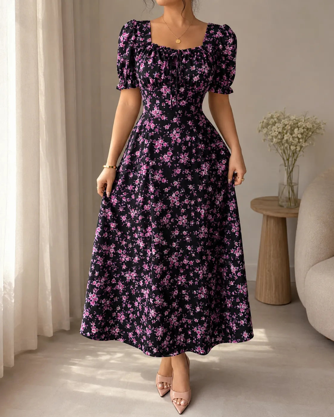 Floral Square Neck Puff Sleeve Fit and Flare Maxi Dress 5