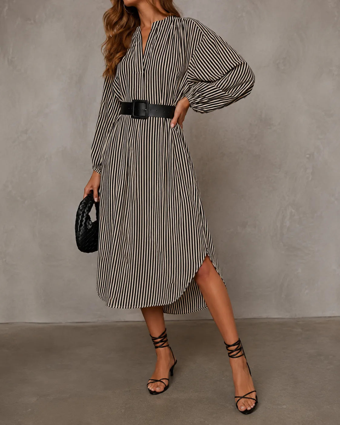 Striped Belted Batwing Sleeve High Low Midi Shirt Dress 4