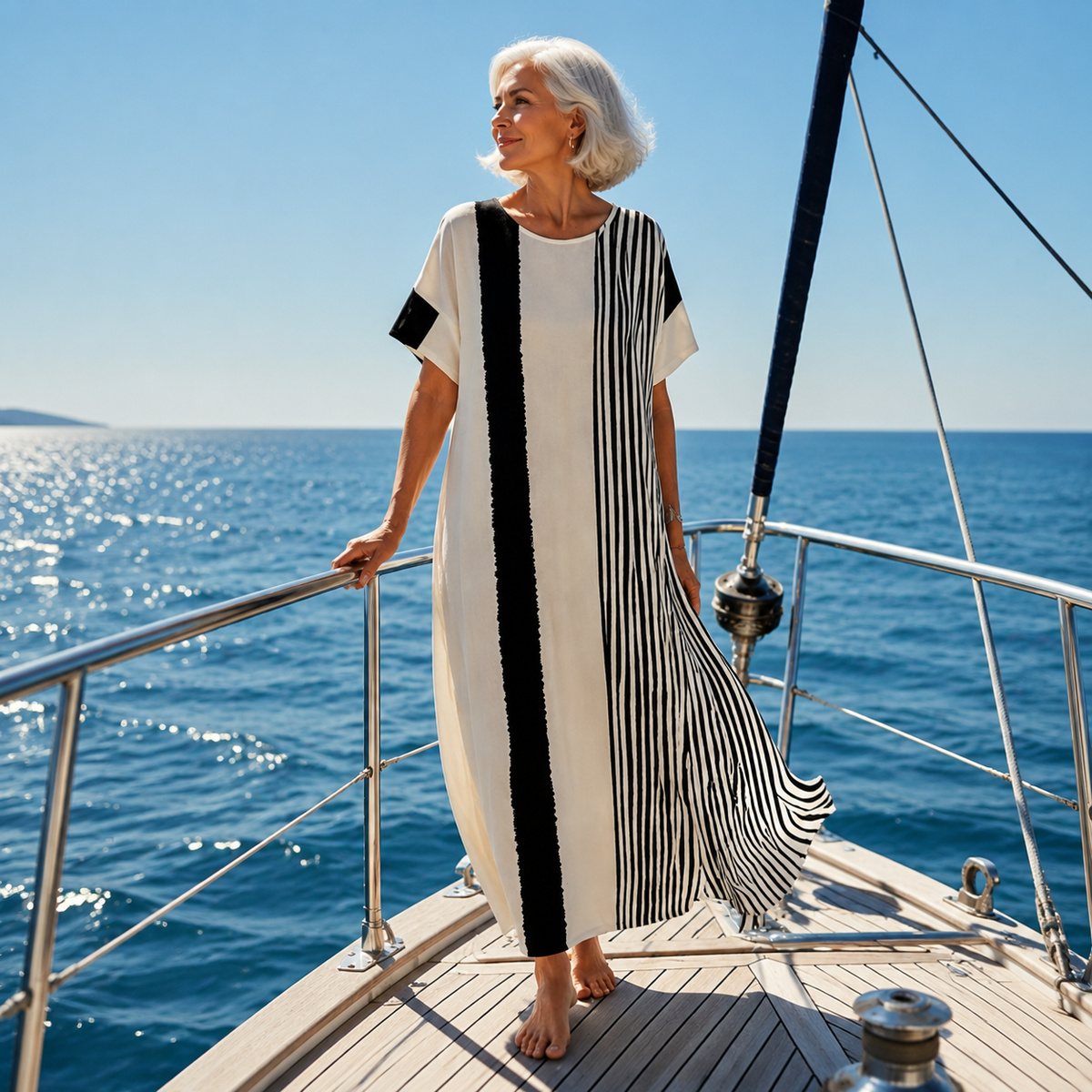 Striped Round Neck Short Sleeve Kaftan Maxi Dress 3
