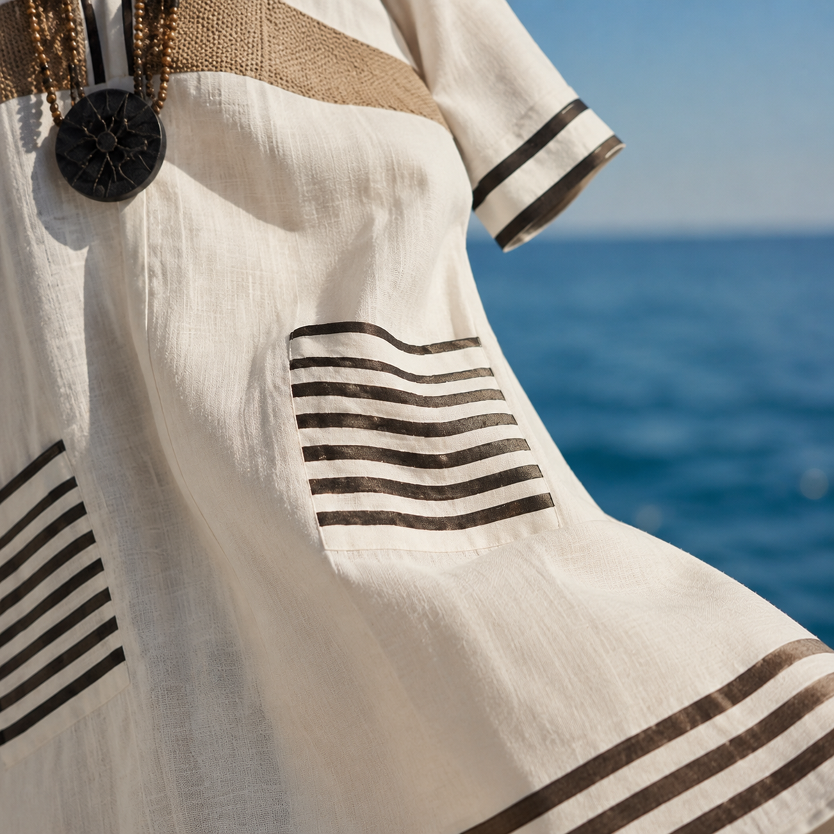Striped Trim V-Neck Half Sleeve Pocket Kaftan Maxi Dress 4