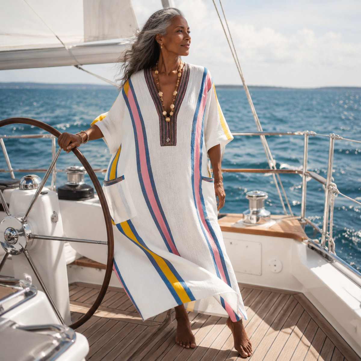Striped Trim V-Neck Half Sleeve Pocket Kaftan Maxi Dress 6
