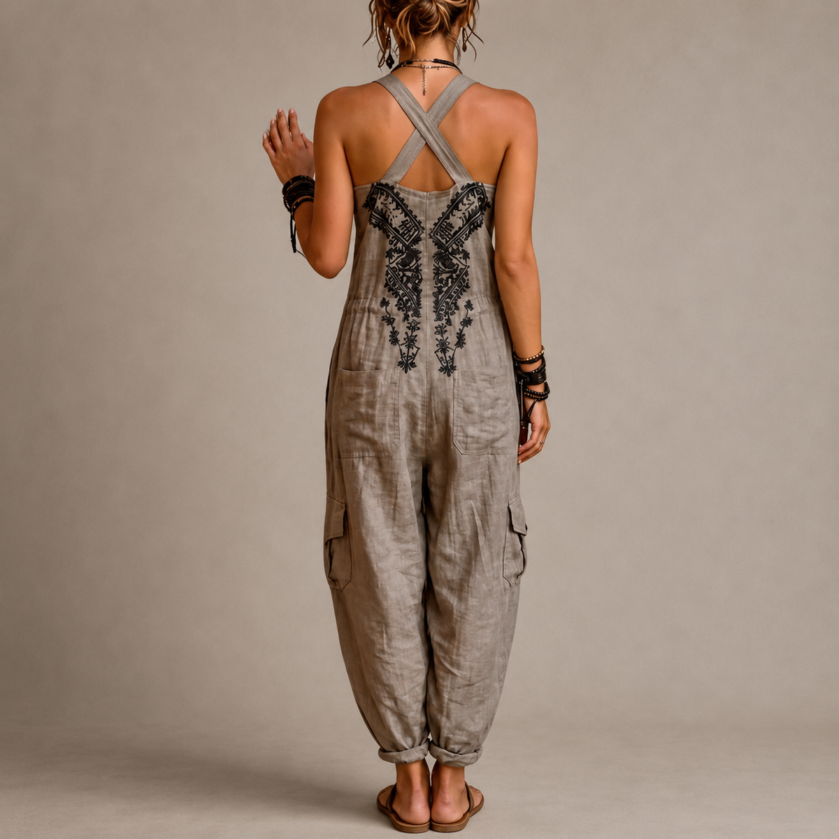 Embroidered Halter Neck Wide Leg Overall Jumpsuit 2