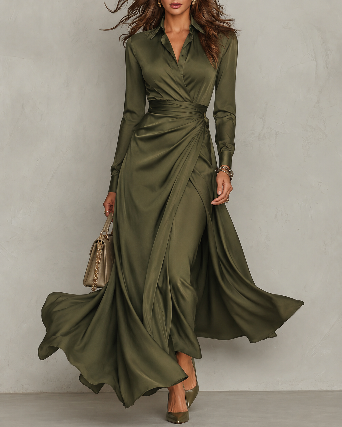 Collared Long Sleeve Ruched Wrap High Split Satin Maxi Dress 2