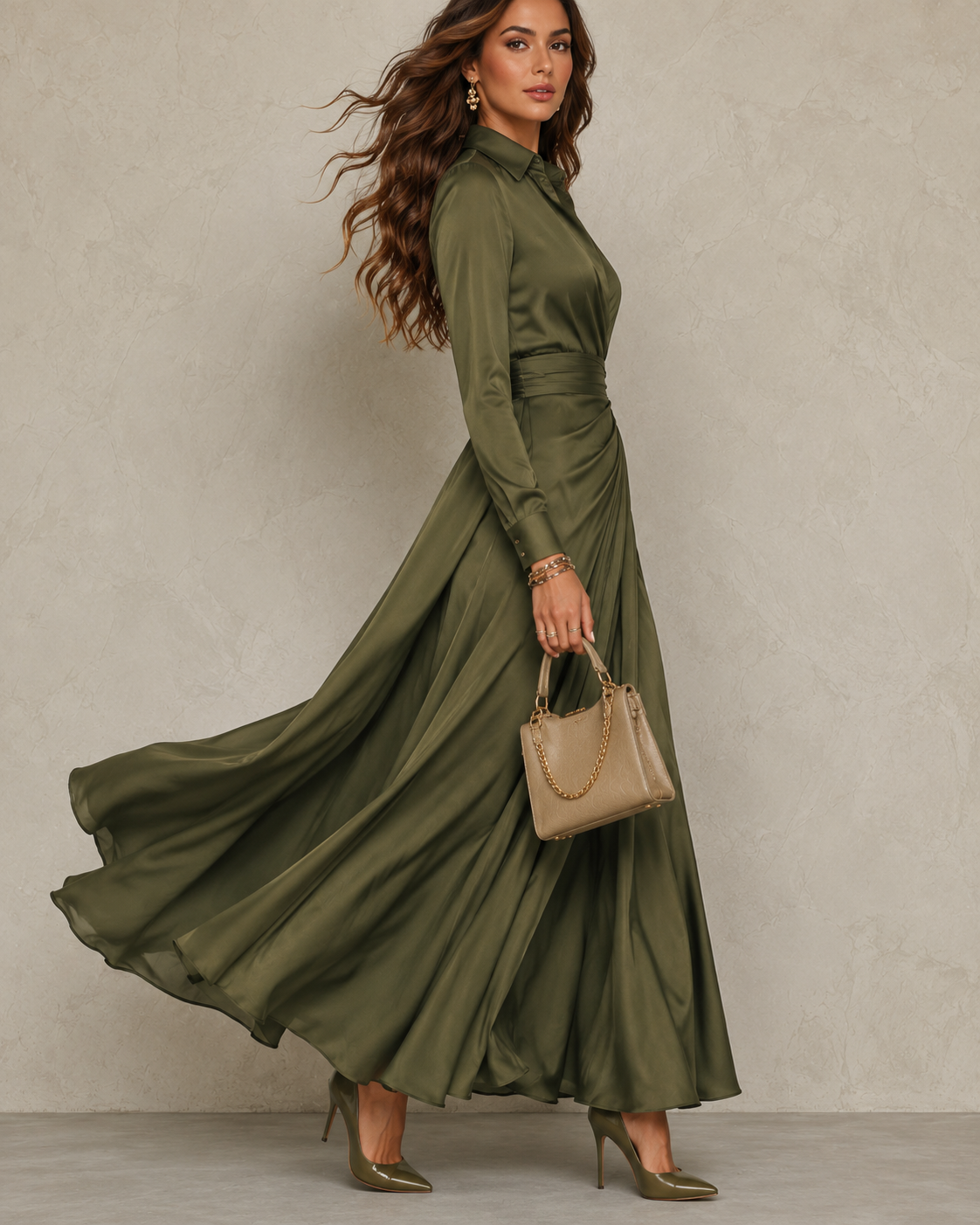 Collared Long Sleeve Ruched Wrap High Split Satin Maxi Dress 3