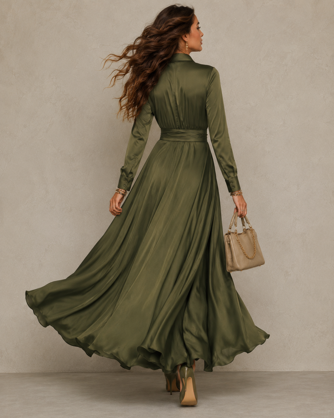 Collared Long Sleeve Ruched Wrap High Split Satin Maxi Dress 4