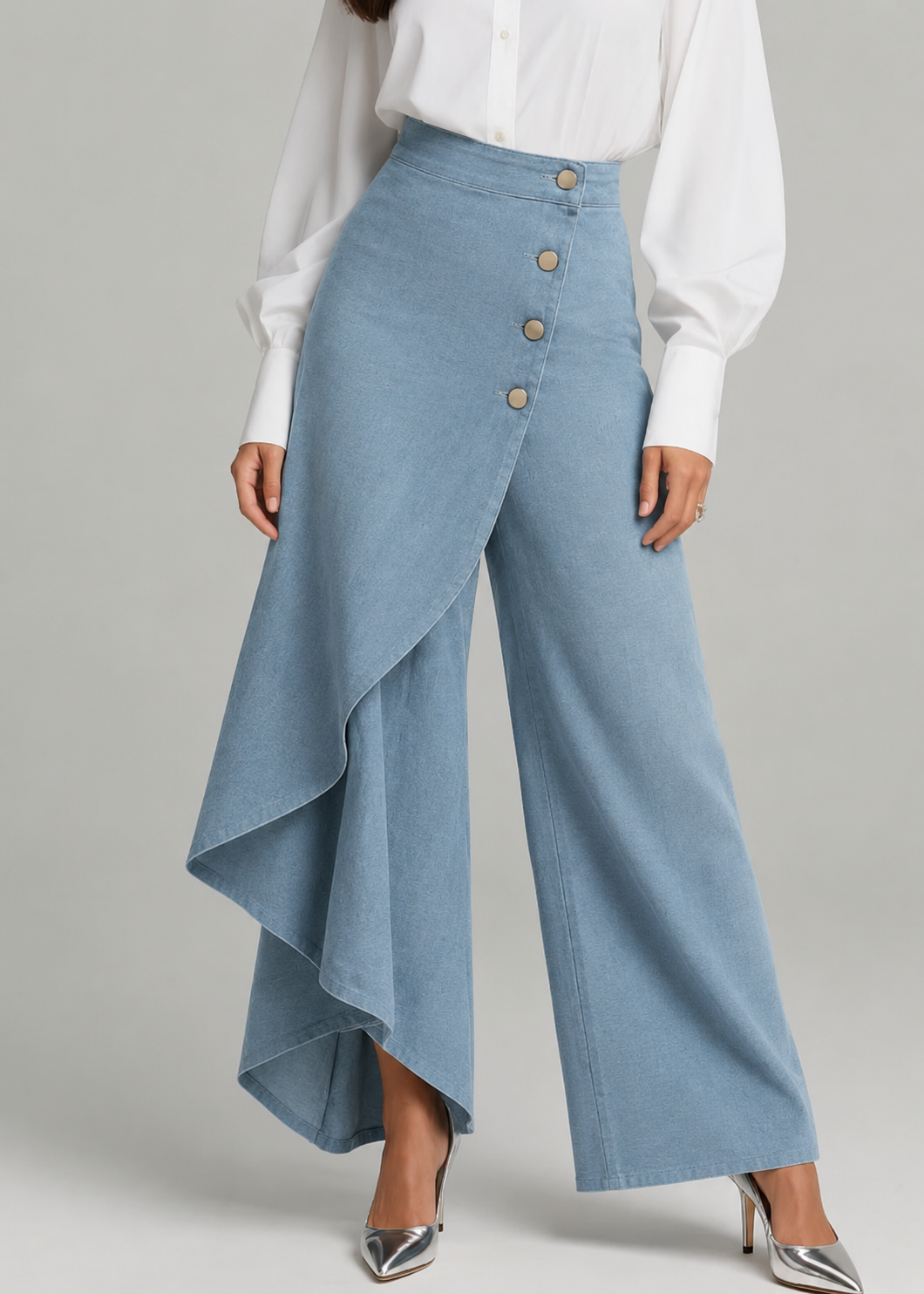 Button Front Wrap Wide Leg Denim Trousers 3