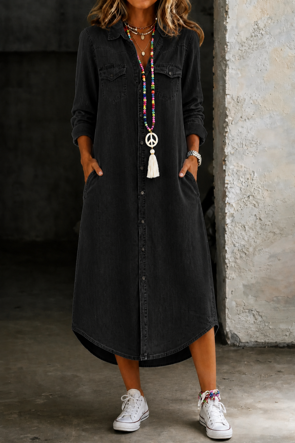 Button Front Collared Long Sleeve Denim Midi Shirt Dress 2