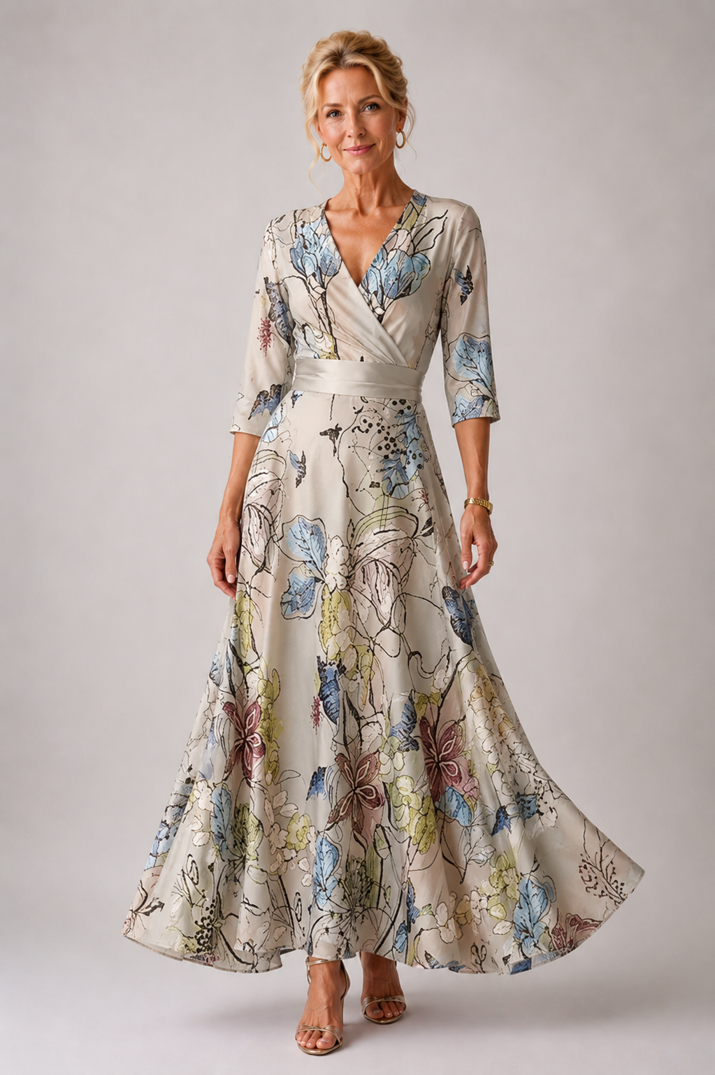 Floral Satin Wrap V-Neck Three Quarter Sleeve Maxi Dress 2