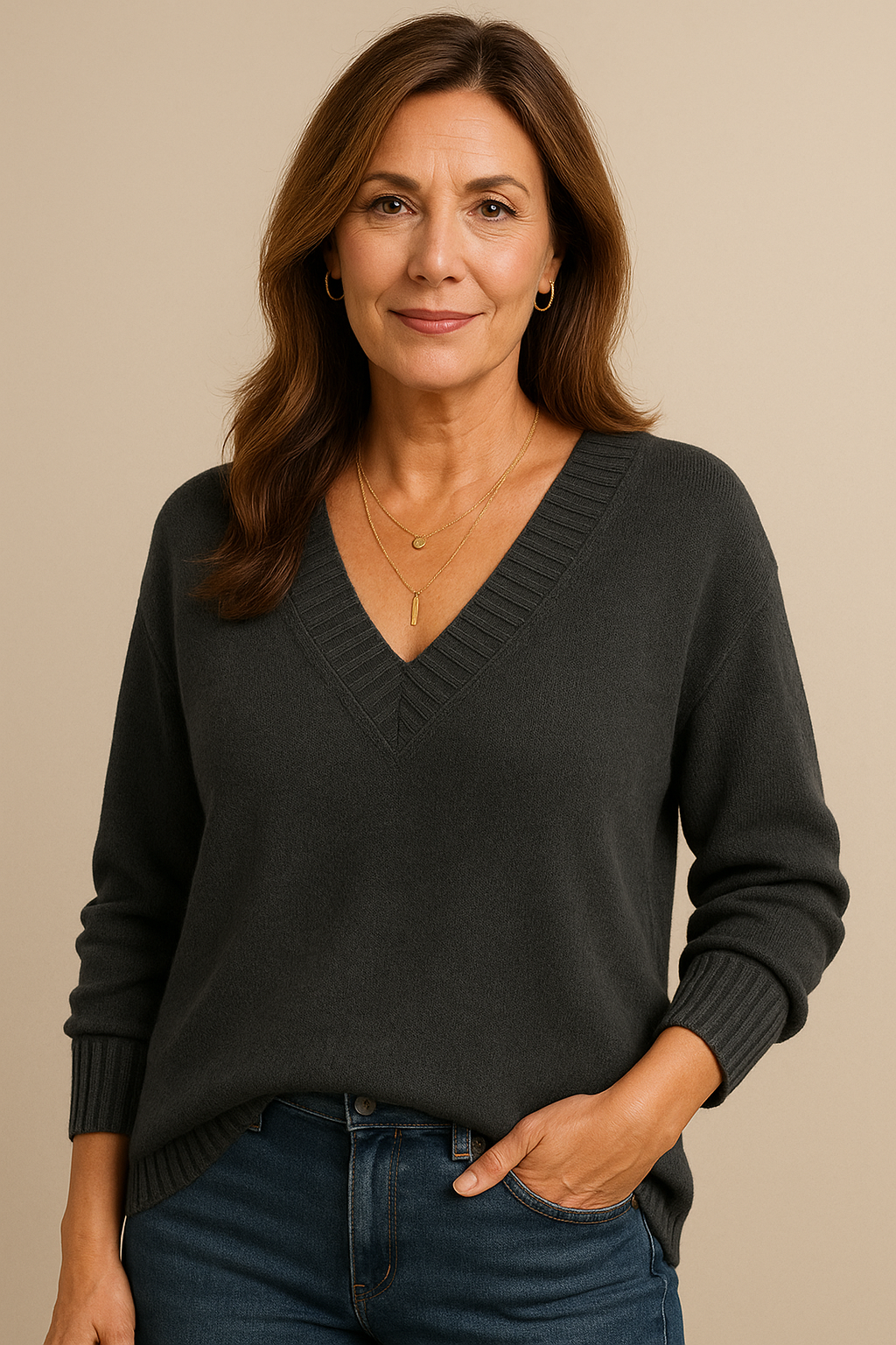 Deep V-Neck Ribbed Trim Drop Shoulder Sweater 3
