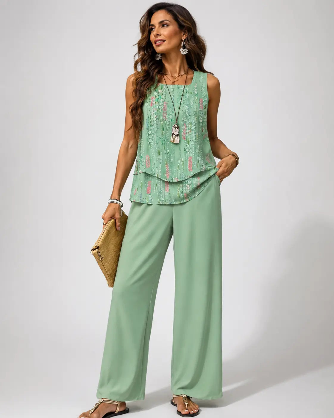 Sleeveless Floral Layered Top and Wide Leg Pants Two Piece Set
