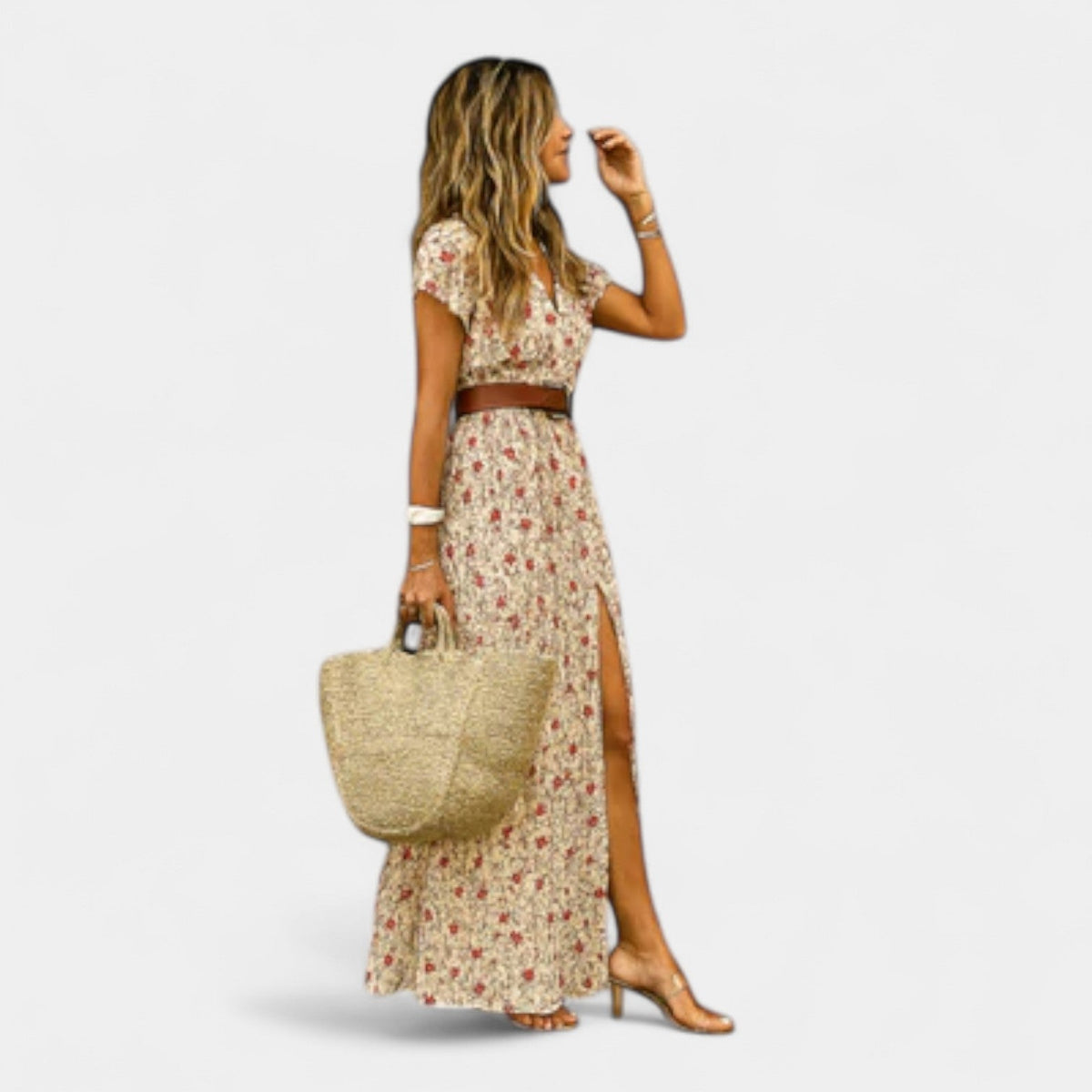 Paisley Print Short Sleeve Belted High Split Maxi Dress 2