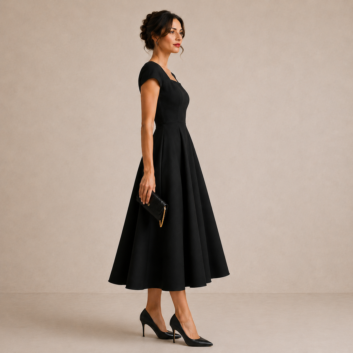 Square Neck Cap Sleeve Pocket Fit and Flare Midi Dress 2