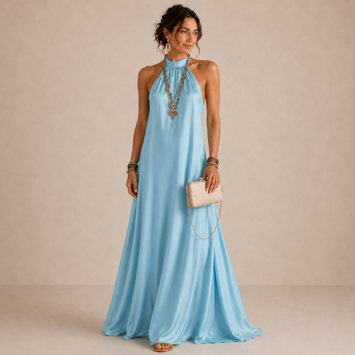 Satin Halter Neck Sleeveless Flowy A-Line Maxi Dress 3