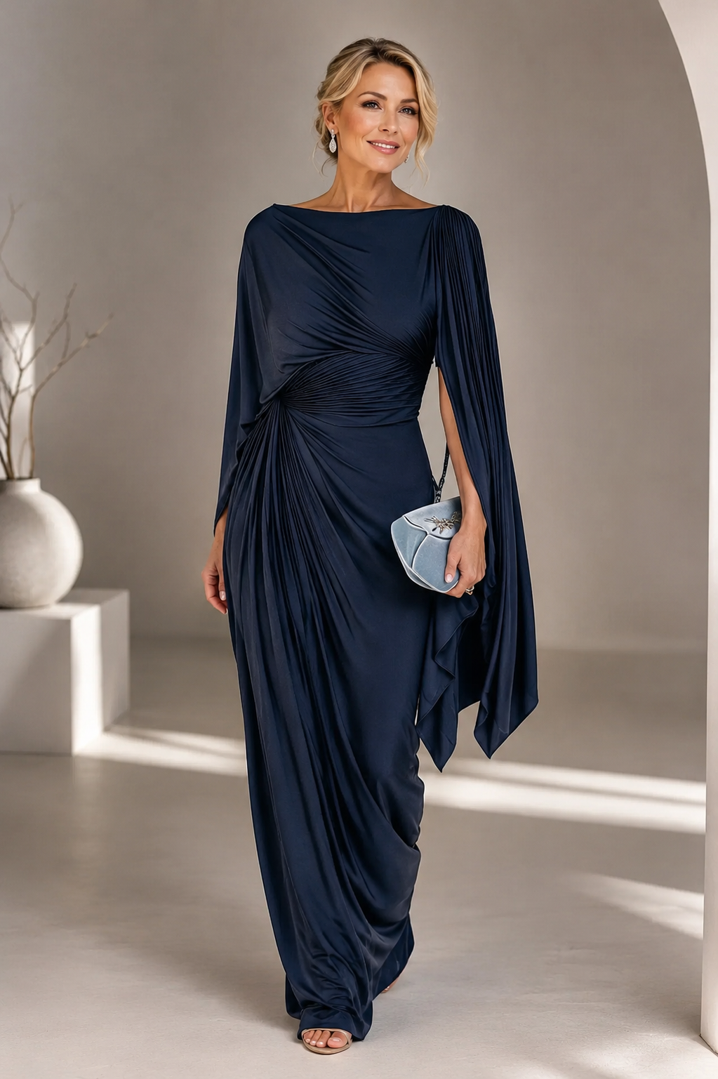 Boat Neck Draped Cape Sleeve Ruched Maxi Gown 4