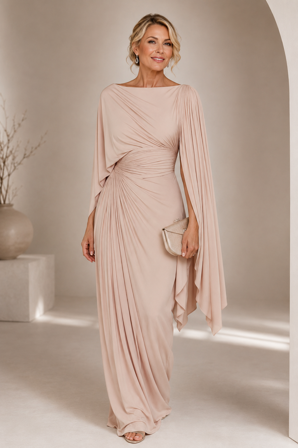 Boat Neck Draped Cape Sleeve Ruched Maxi Gown 5