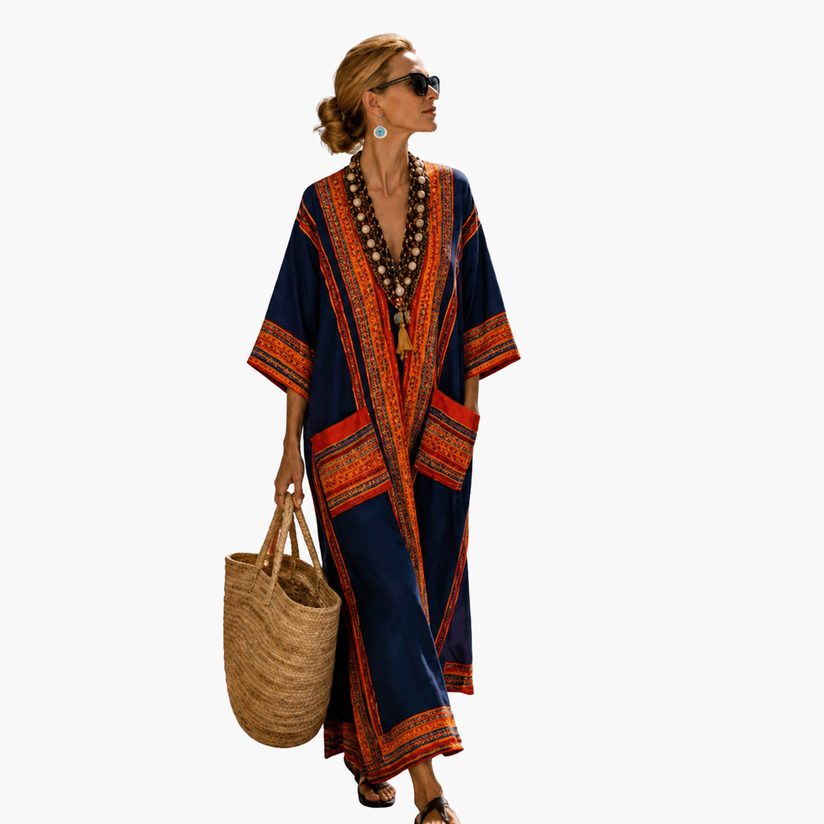 Border Print Deep V-Neck Kimono Sleeve Maxi Kaftan