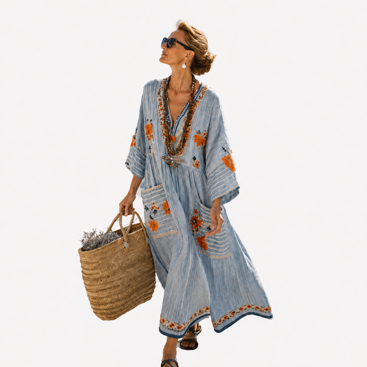 Floral Embroidered V-Neck Kaftan Maxi Dress