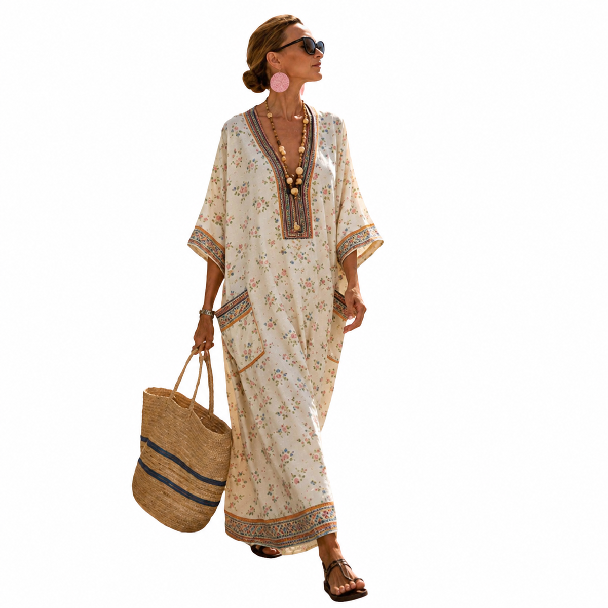 Floral Print V-Neck Kaftan Maxi Dress