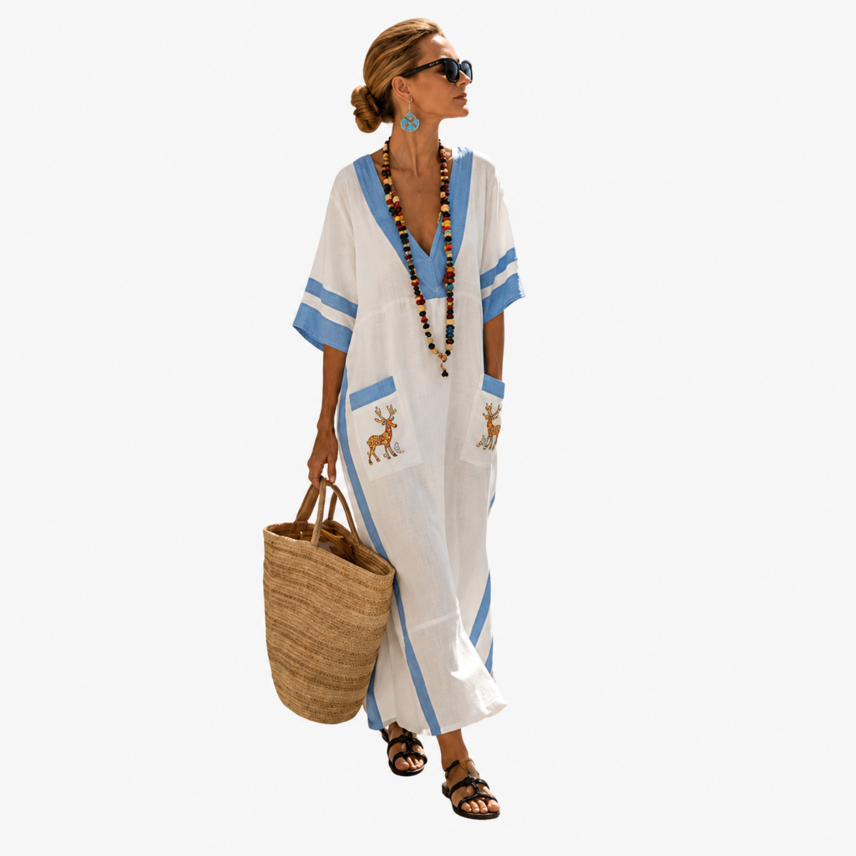 V-Neck Contrast Stripe Side Split Maxi Kaftan Dress