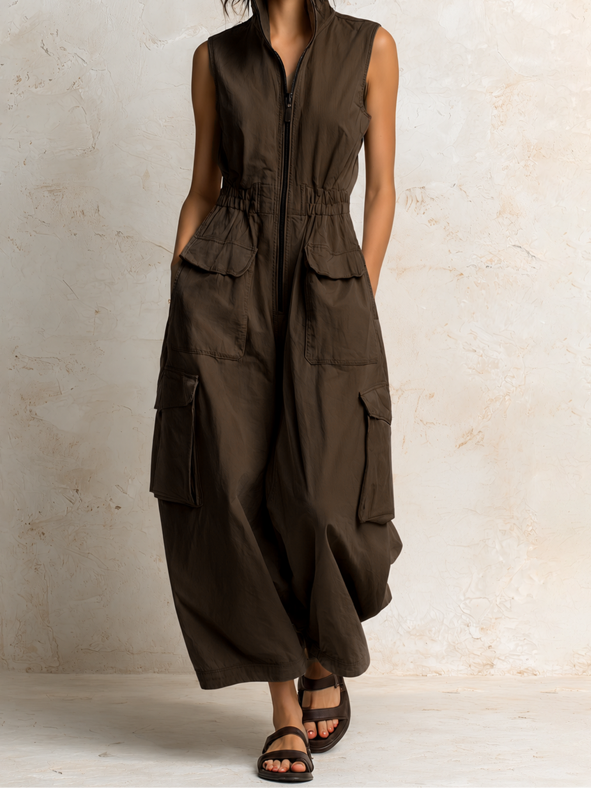 Sleeveless Zip Front Cargo Wide Leg Jumpsuit 4