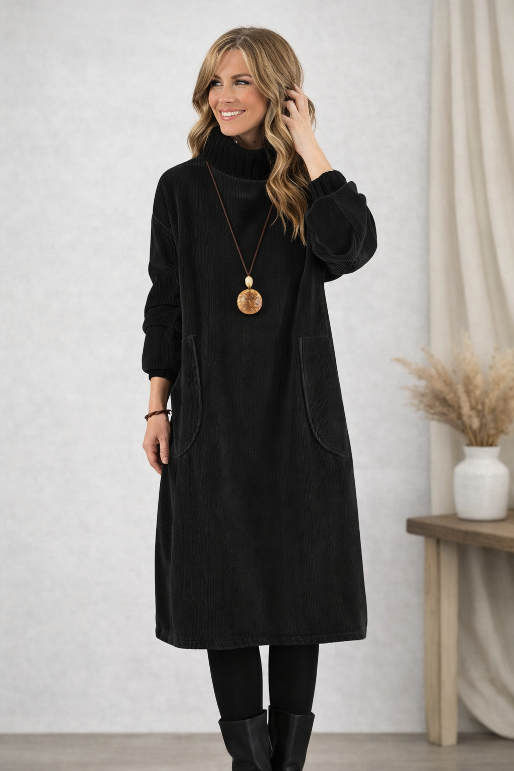 Turtleneck Long Sleeve Corduroy Pocket Midi Dress 4