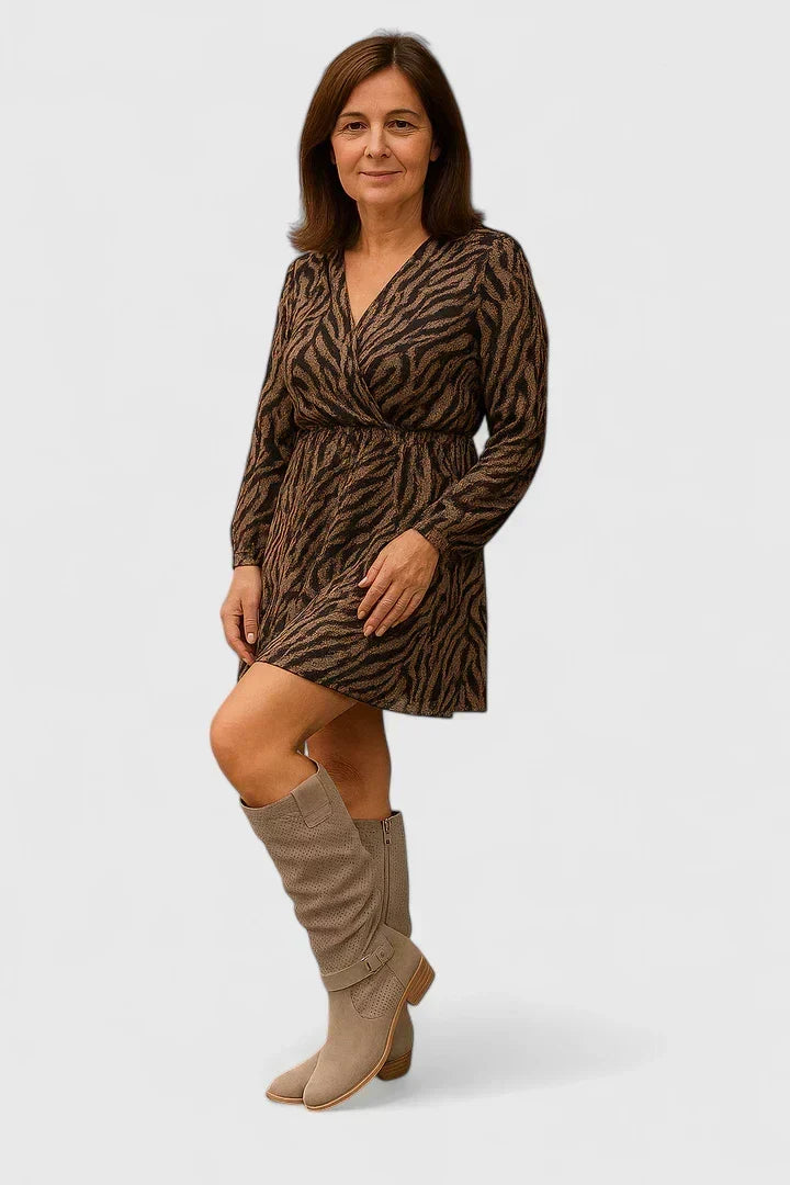 Animal Print Wrap V-Neck Long Sleeve Mini Dress