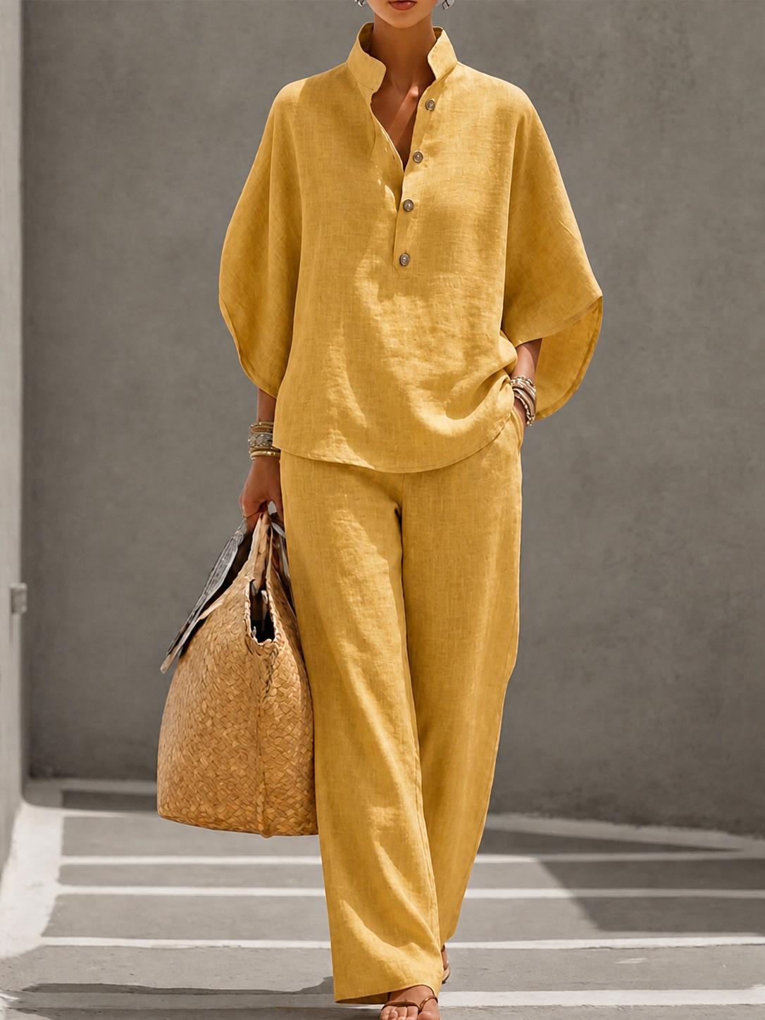 Stand Collar Button Front Top and Wide Leg Pants Two Piece Set 6
