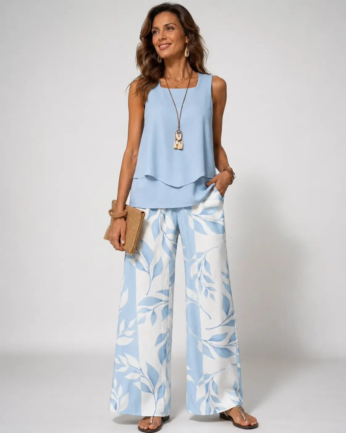 Sleeveless Double Layer Top and Leaf Print Wide Leg Pants Two Piece Set