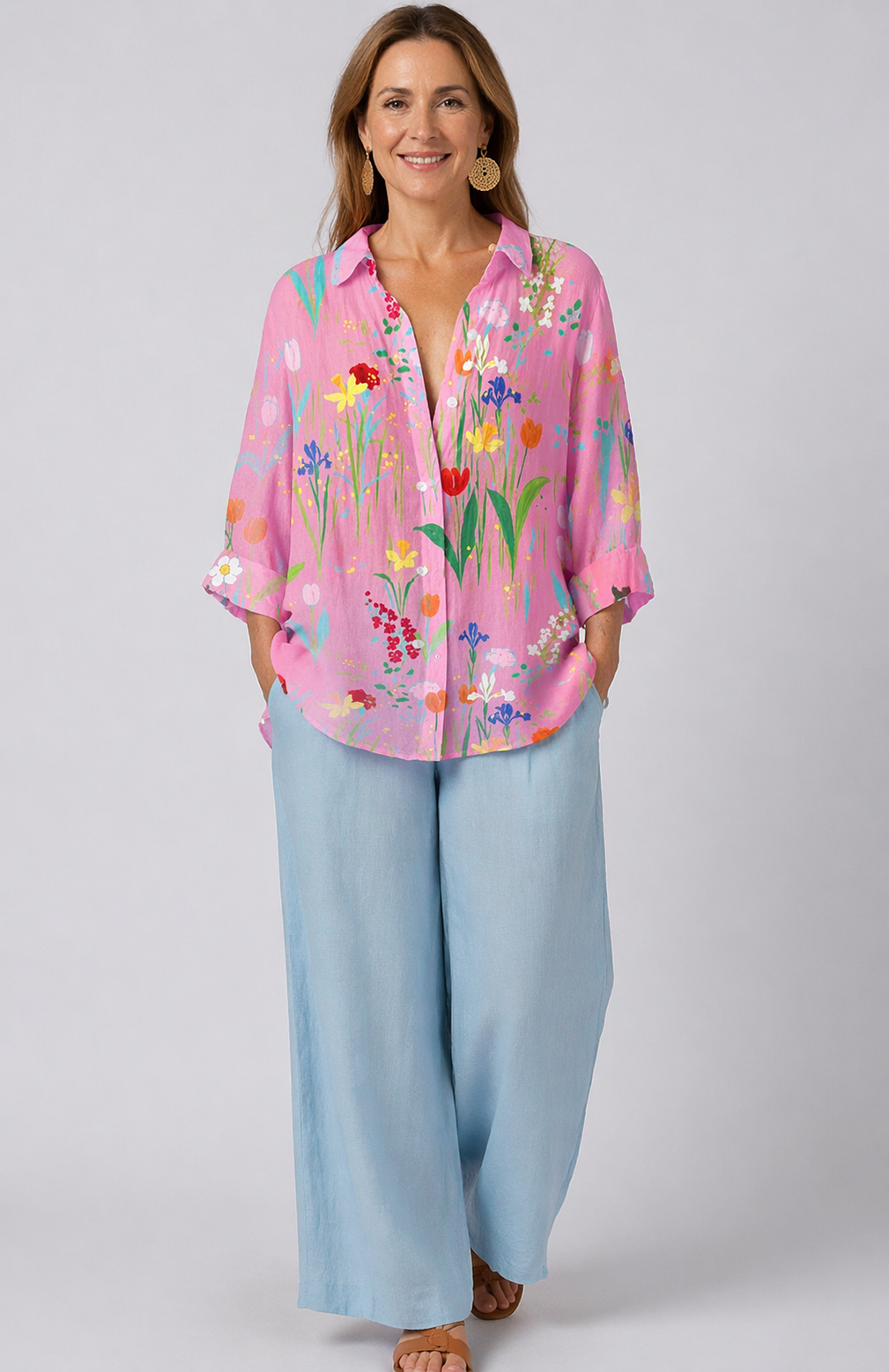 Floral Print Collared Button Front Oversized Blouse