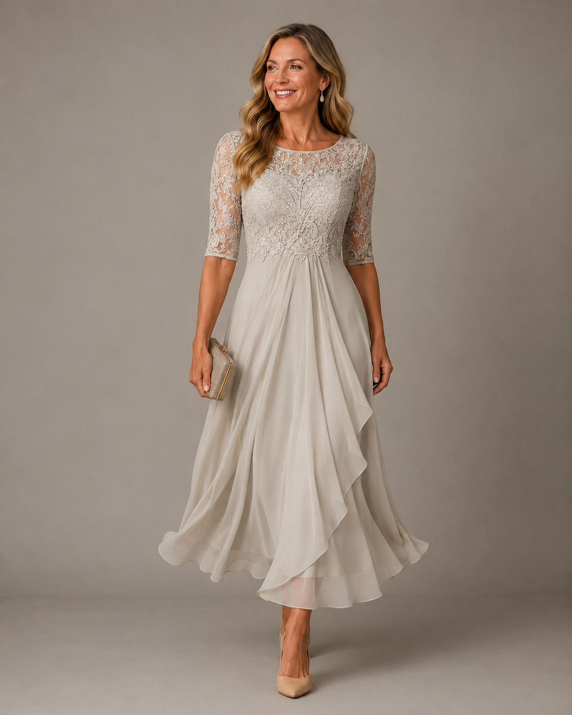 Lace Bodice Half Sleeve Chiffon A-Line Tea Length Dress 3