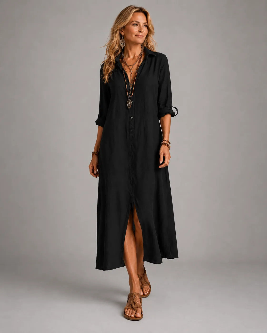 Button Front Long Sleeve Collared Maxi Shirt Dress