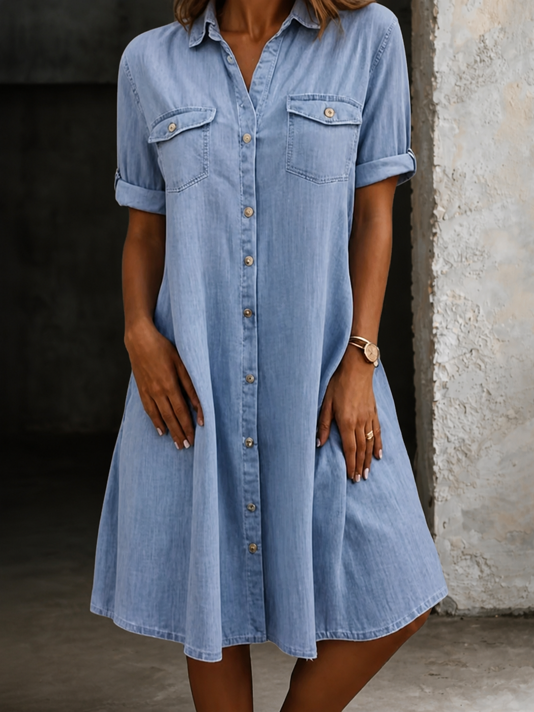 Denim Look Short Sleeve Button Front Pocket Shirt Dress