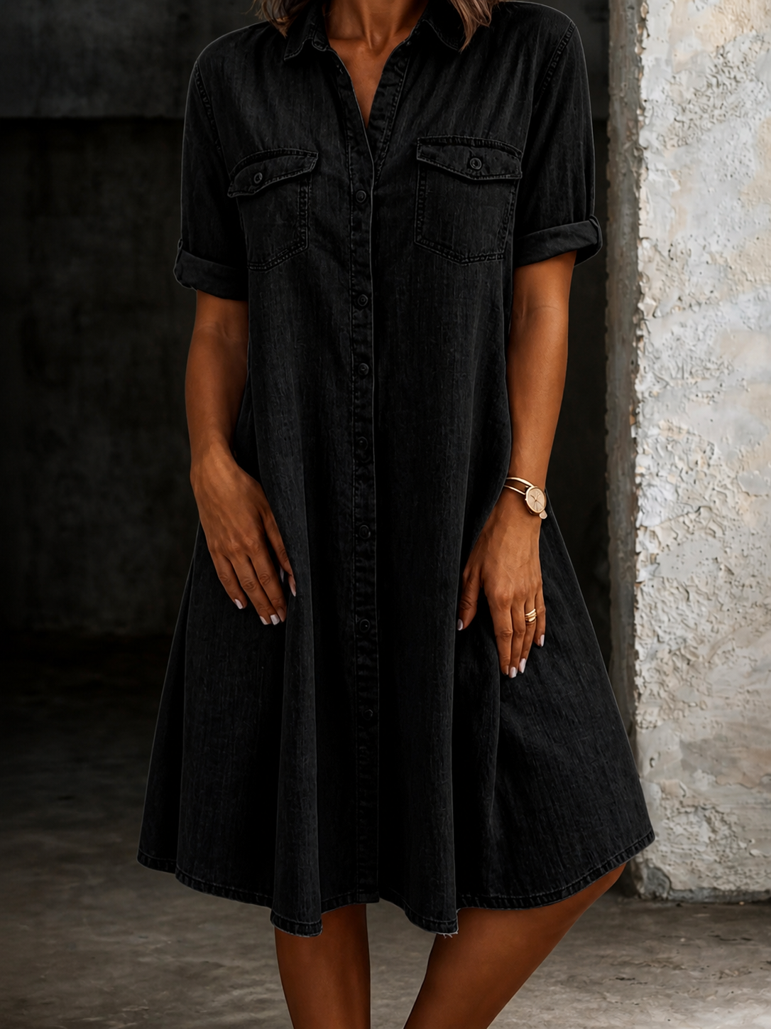 Denim Look Short Sleeve Button Front Pocket Shirt Dress 3