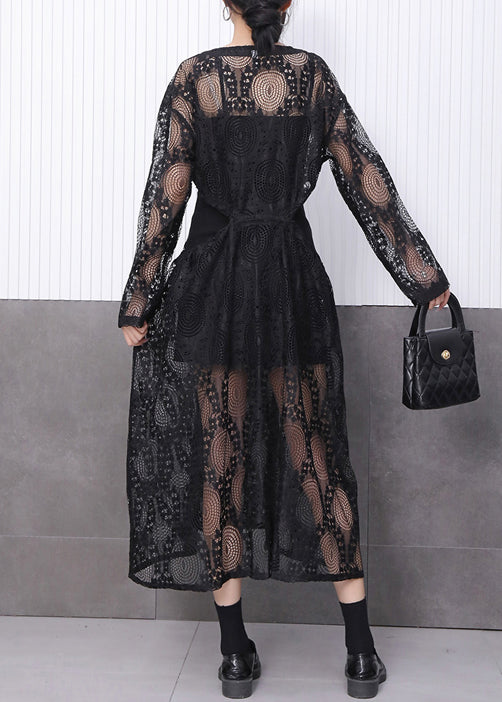 Circle Lace Eyelet Drawstring Waist Long Sleeve Midi Dress - View 5