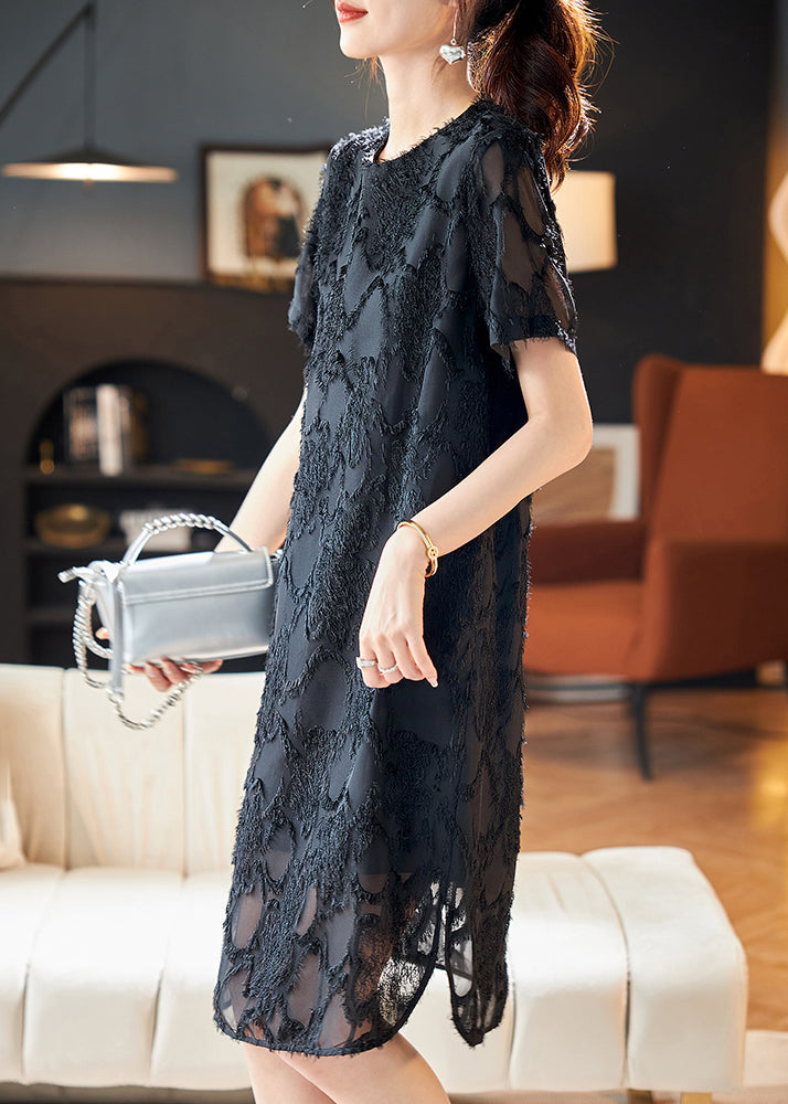 Eyelash Fringe Texture Sheer Short Sleeve Side Slit Shift Mini Dress - View 3