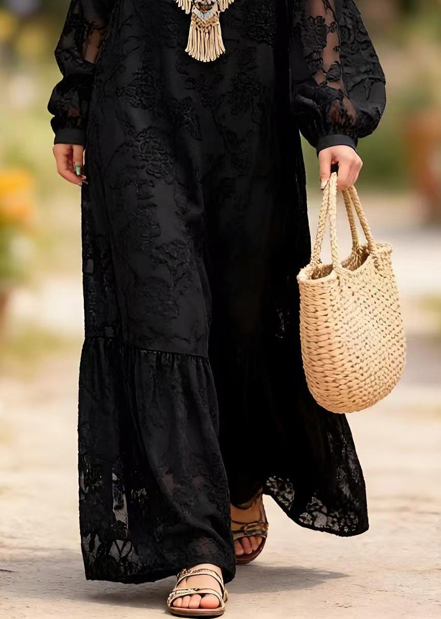 Lace Round Neck Bishop Sleeve Tiered Ruffle Hem Maxi Dress - View 4