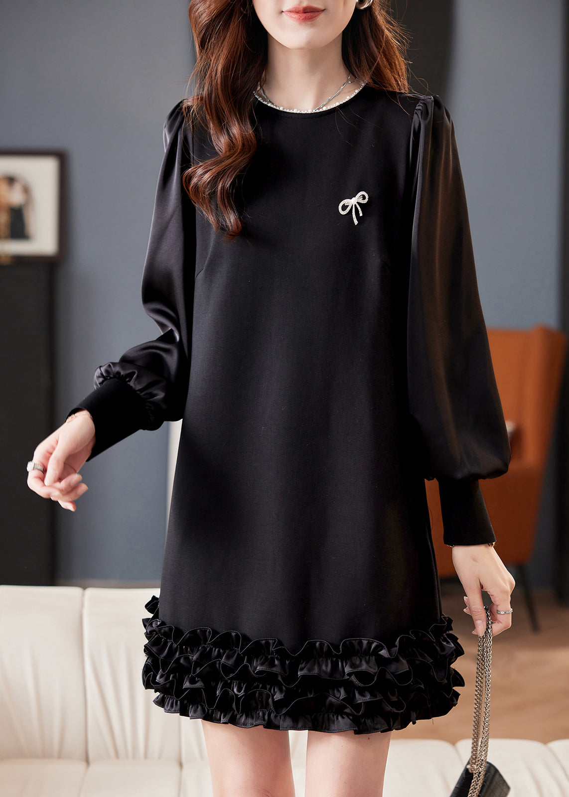 Pearl Trim Crew Neck Lantern Sleeve Tiered Ruffle Hem Mini Dress - View 3
