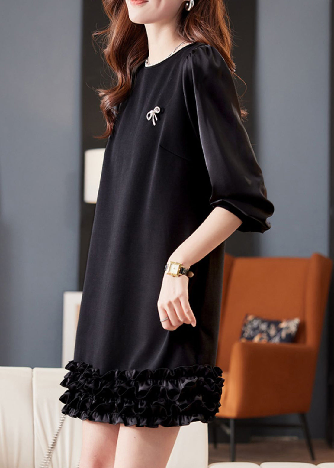Pearl Trim Crew Neck Lantern Sleeve Tiered Ruffle Hem Mini Dress - View 4