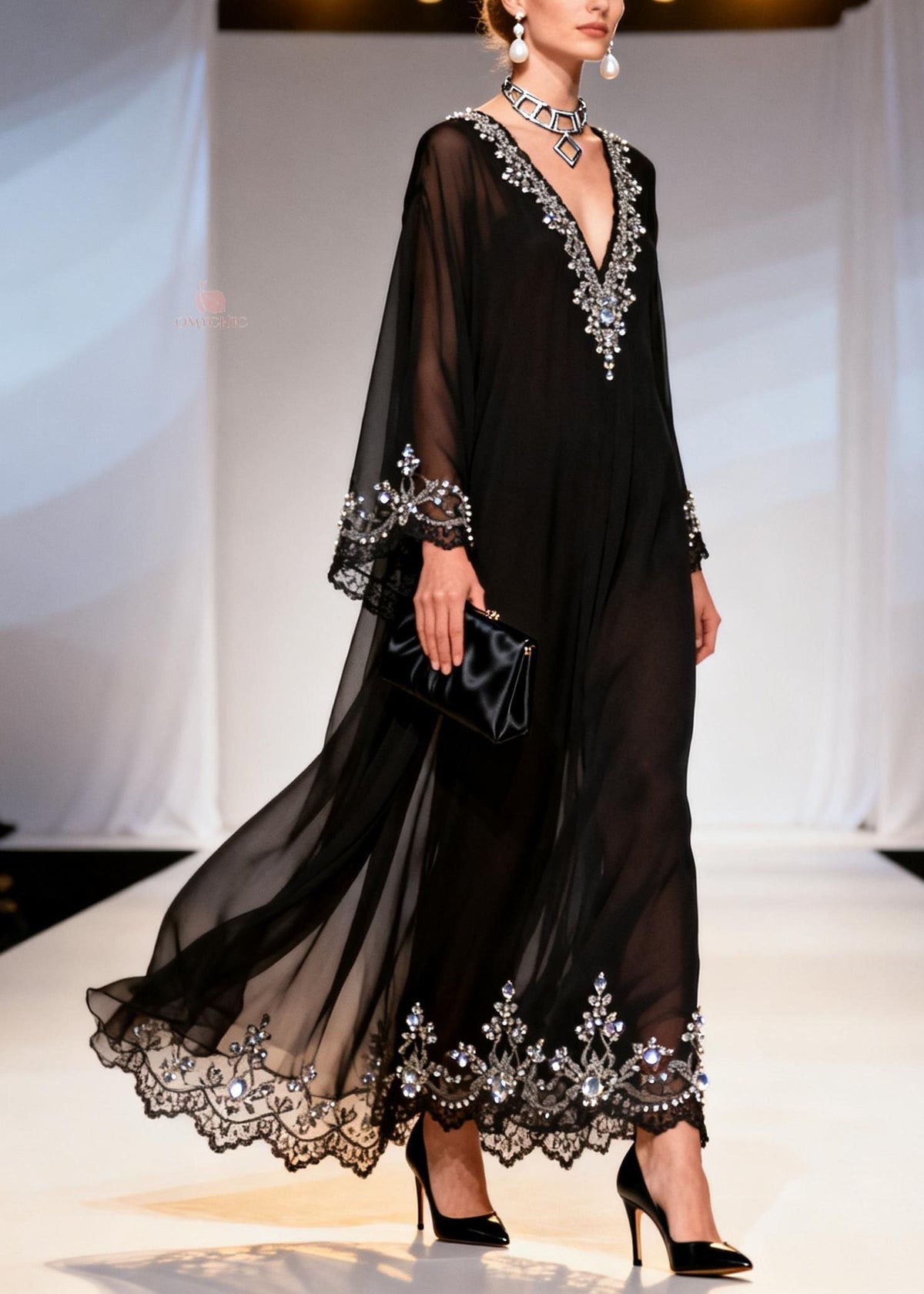 Chiffon Deep V-Neck Long Sleeve Rhinestone Bell Sleeve Maxi Gown - View 5