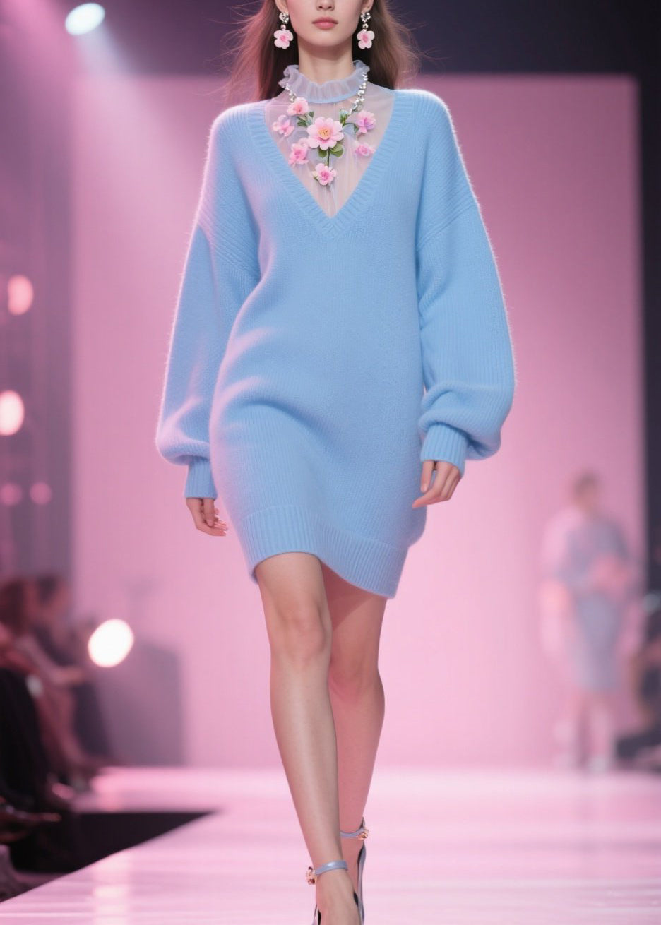 Tulle Floral Mesh Mock Neck Insert V-Neck Puff Sleeve Knit Mini Dress - View 3