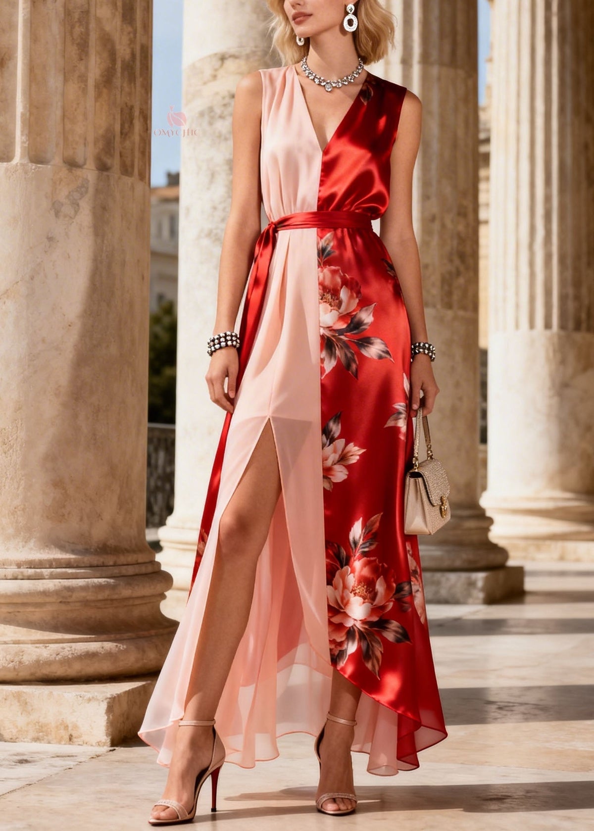 Floral Print Asymmetric Split V-Neck Sleeveless Sash Maxi Dress - View 5