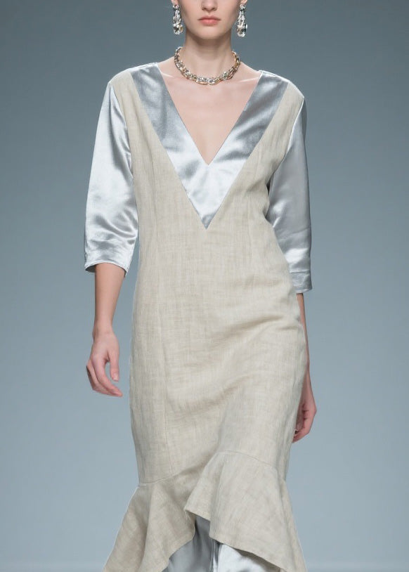 Deep V-Neck Metallic Satin Sleeve Woven Panel Tiered Midi Dress - View 2