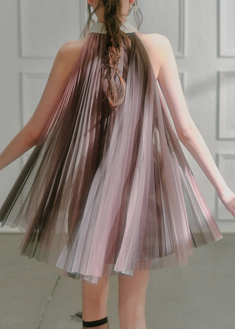 Mesh Pleated Peter Pan Collar Bow Tie Halter Neck Mini Dress - View 5