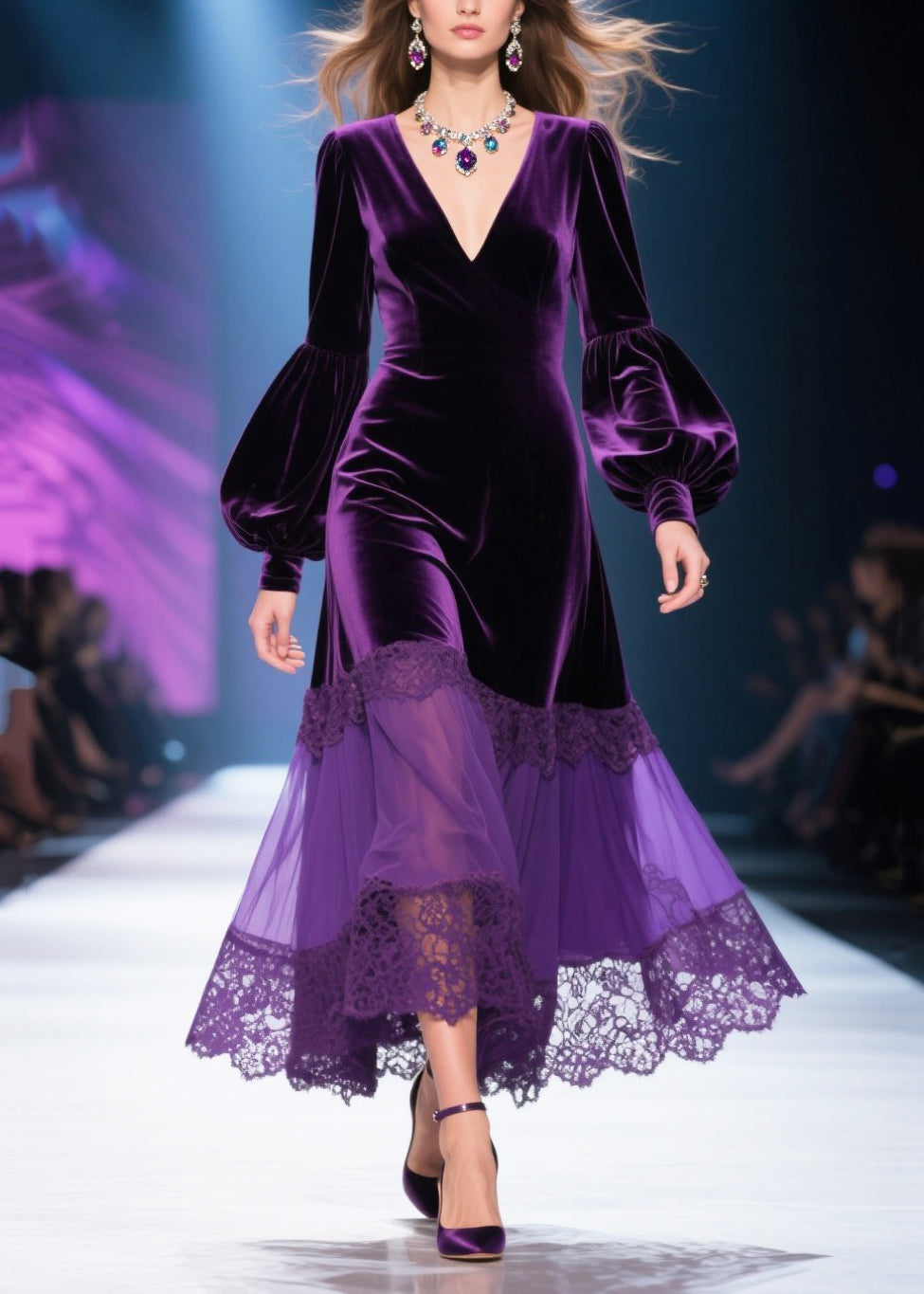 Chic Dull Purple V Neck Patchwork Silk Velvet Maxi Dresses Lantern Sleeve - View 3