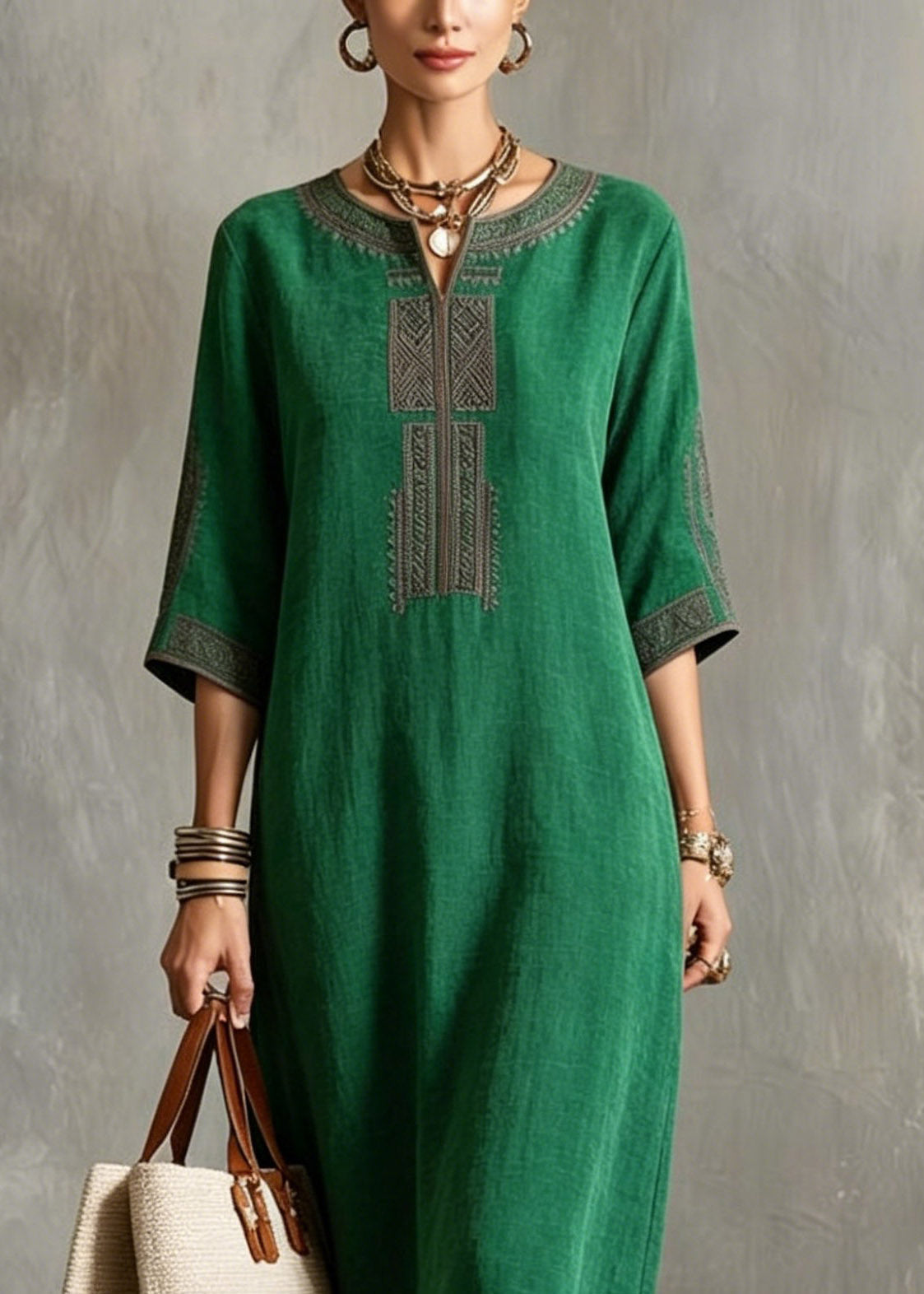 Embroidered V-Neck Three Quarter Sleeve Geometric Trim Midi Dress - View 2