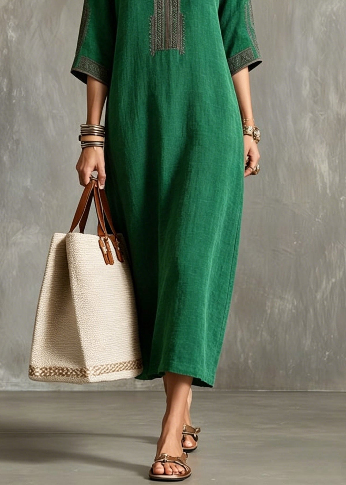 Embroidered V-Neck Three Quarter Sleeve Geometric Trim Midi Dress - View 4