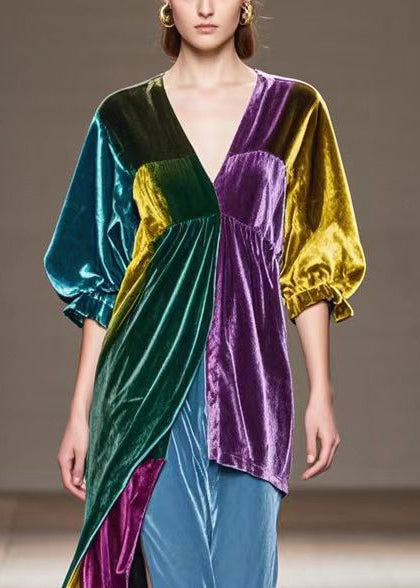 Velvet Patchwork Deep V-Neck Puff Sleeve High Split Maxi Gown - View 2