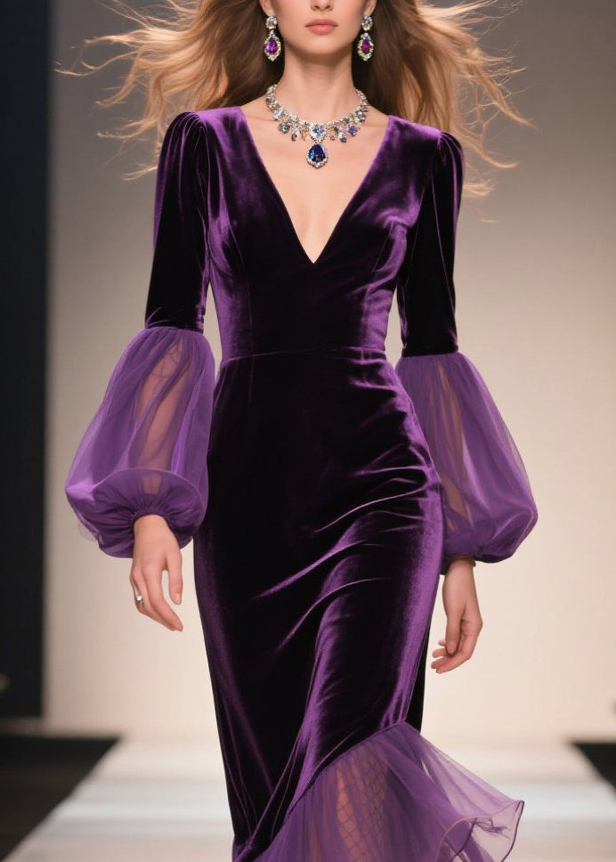Chic Purple V Neck Asymmetrical Ruffled Patchwork Velvet Dresses Fall - View 2