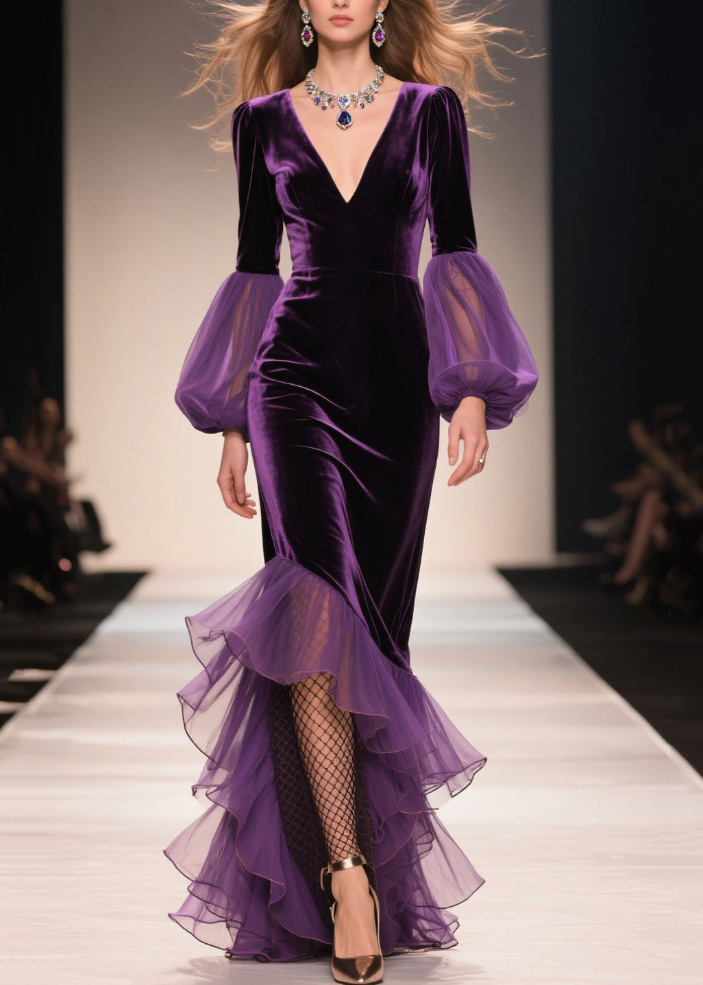 Chic Purple V Neck Asymmetrical Ruffled Patchwork Velvet Dresses Fall - View 3