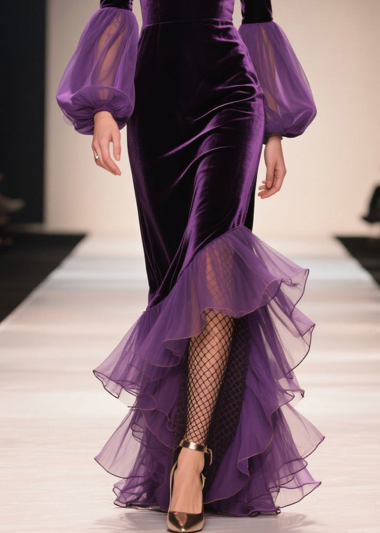 Chic Purple V Neck Asymmetrical Ruffled Patchwork Velvet Dresses Fall - View 4